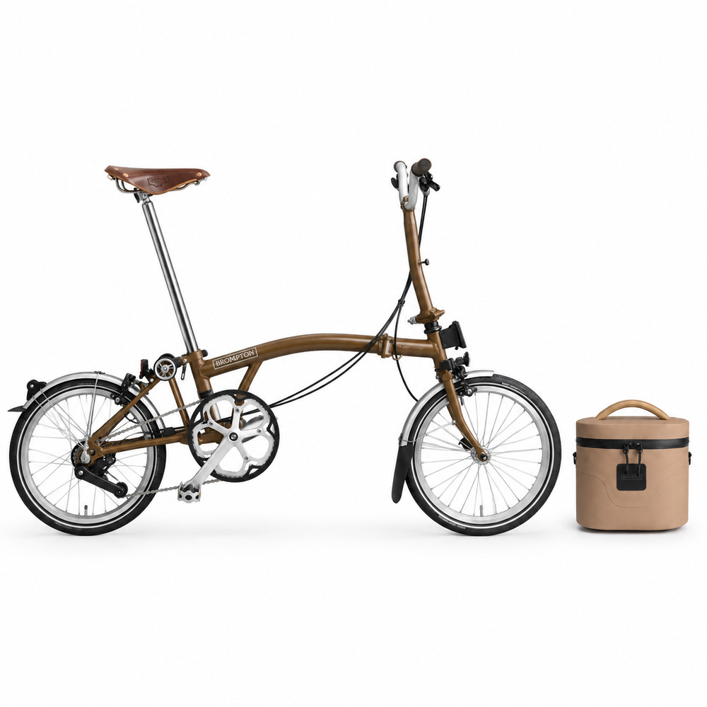 Brompton C Line M4L Classic Edition Walnut Brown with Sand Zip Case on white background