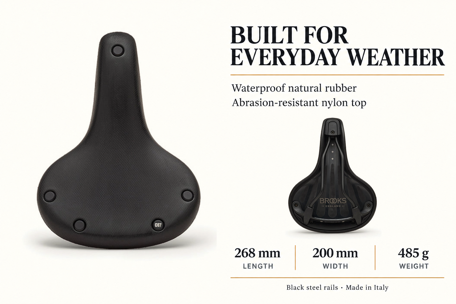 Brooks Cambium C67 top and underside views with 268 mm length, 200 mm width and 485 g specifications