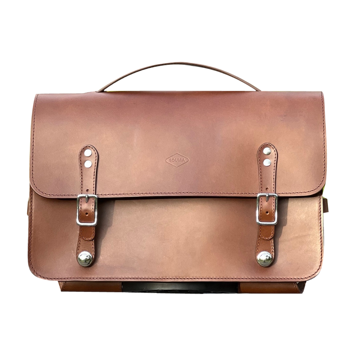 Souma Leather Briefcase in Brown, front view on a white background