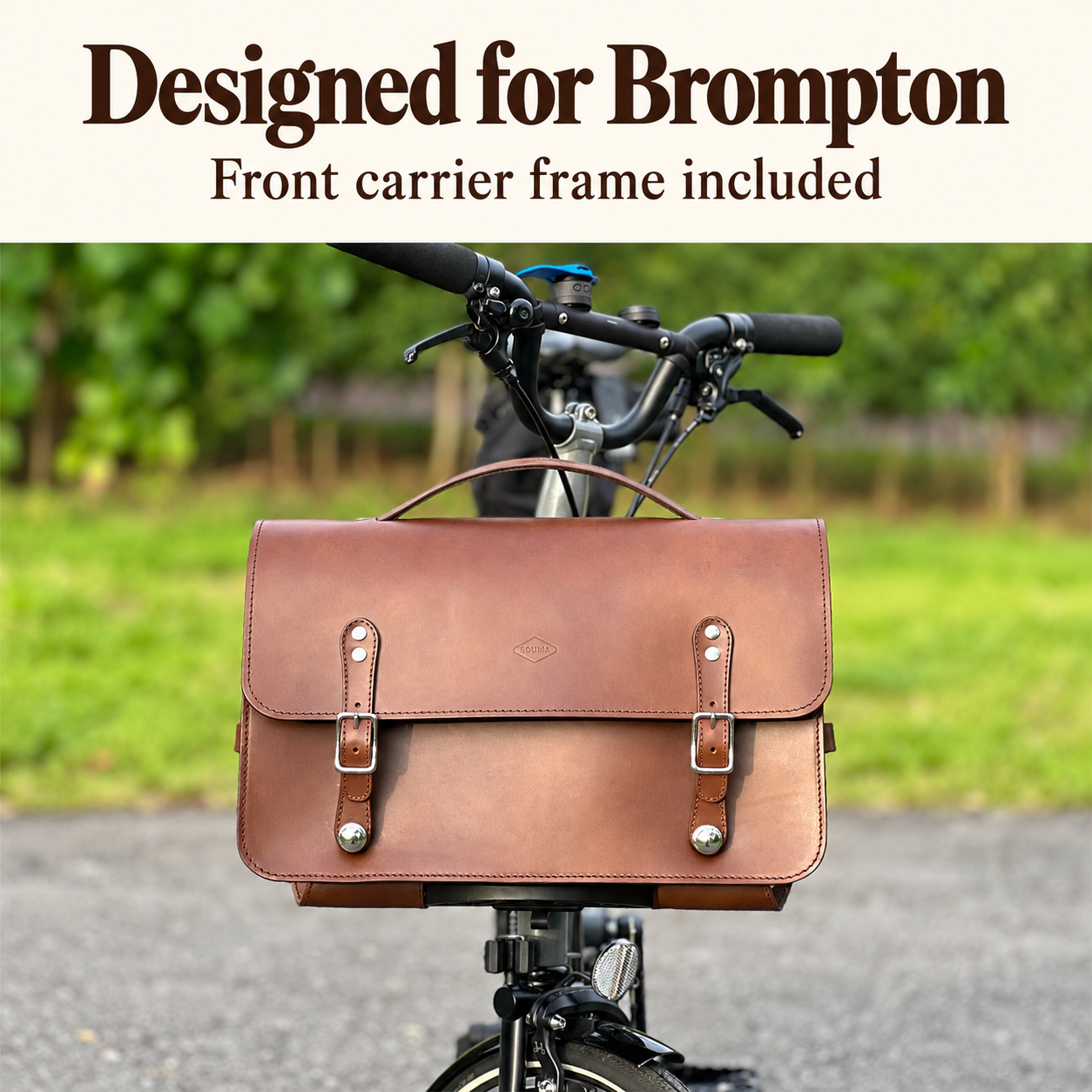 Brown Souma briefcase on a Brompton with front carrier frame included feature text