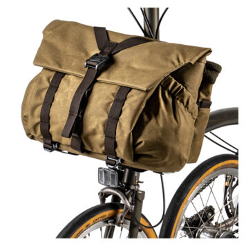 Wotancraft Pilot 10L Khaki Brompton bag mounted on a front carrier