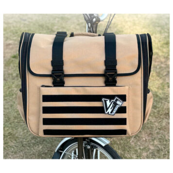 VanFactory Mimic pet carrier in Camel mounted on a Brompton front carrier