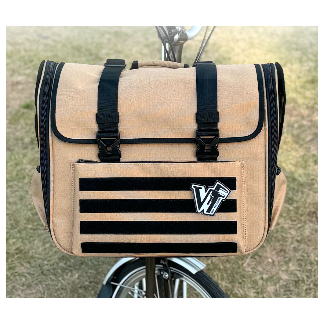 VanFactory Mimic pet carrier in Camel mounted on a Brompton front carrier