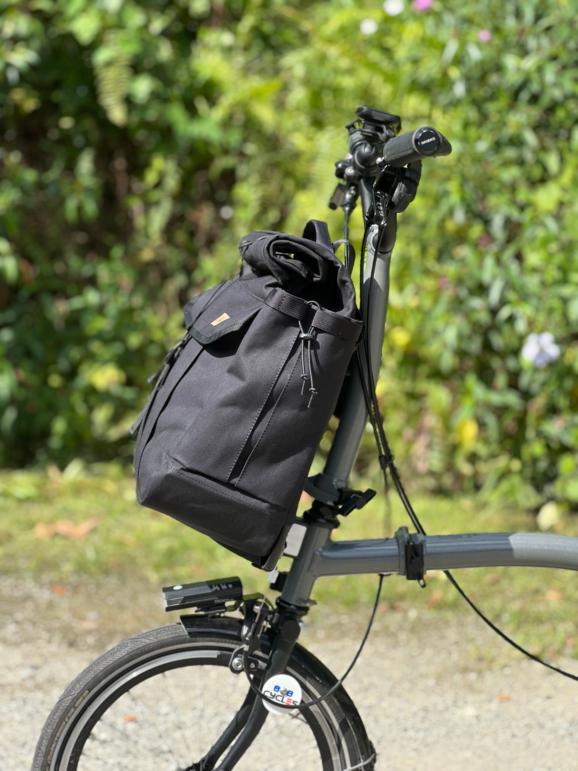 Side view of the mounted Bropack showing the gusseted pocket and drawcord
