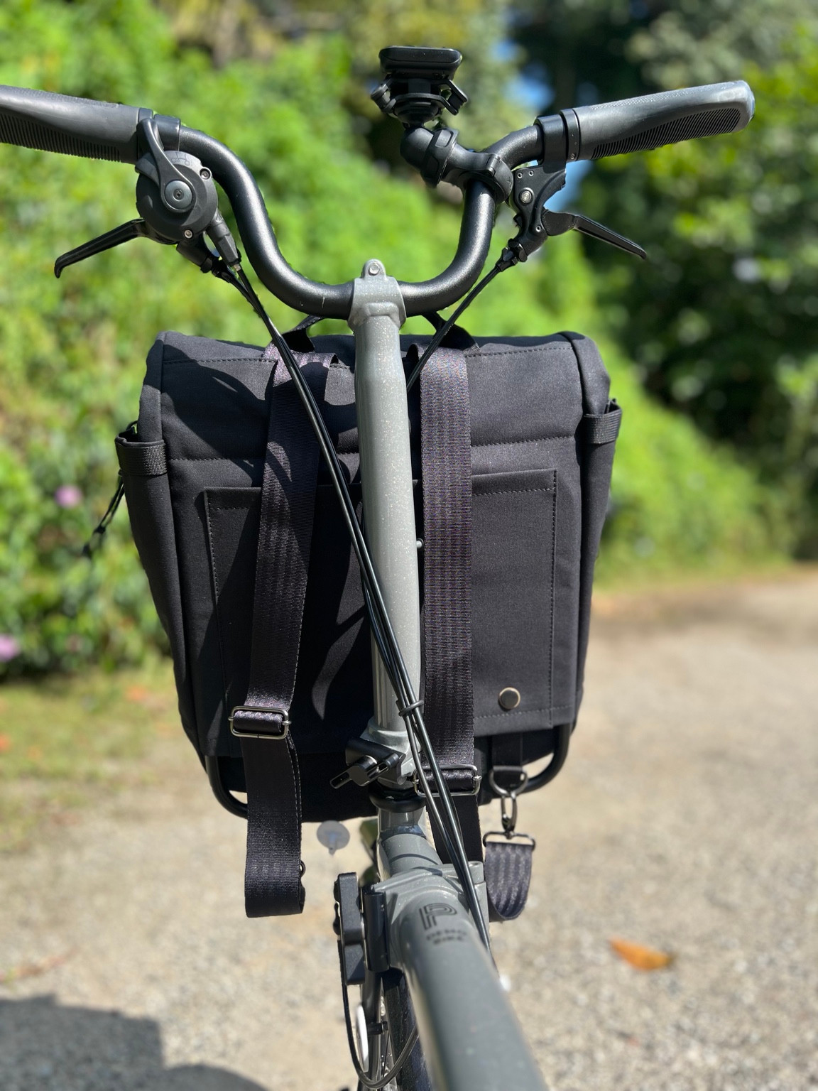 Rear view of the Bropack showing backpack straps and its frame while mounted