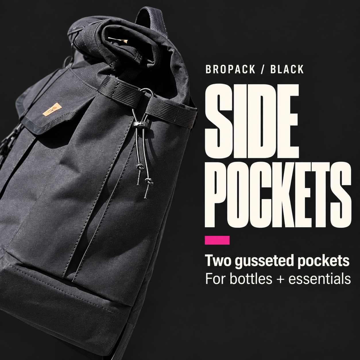 Bropack feature graphic showing two gusseted side pockets for bottles and essentials