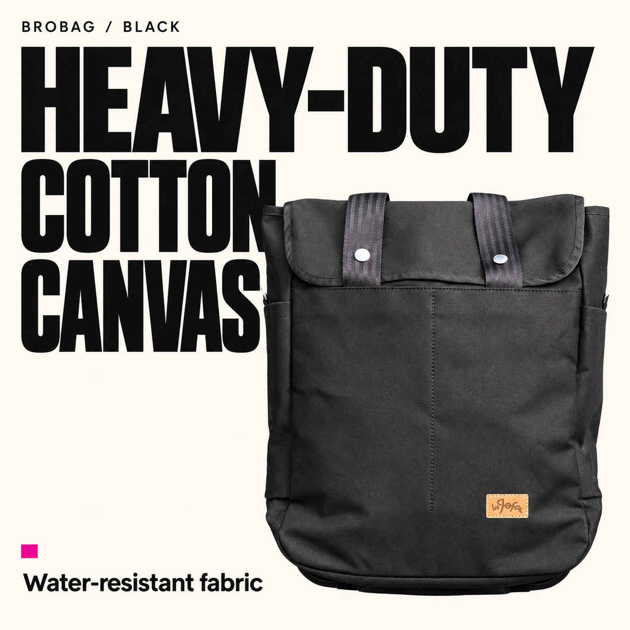 BROBAG Black feature graphic highlighting heavy-duty cotton canvas and water-resistant fabric