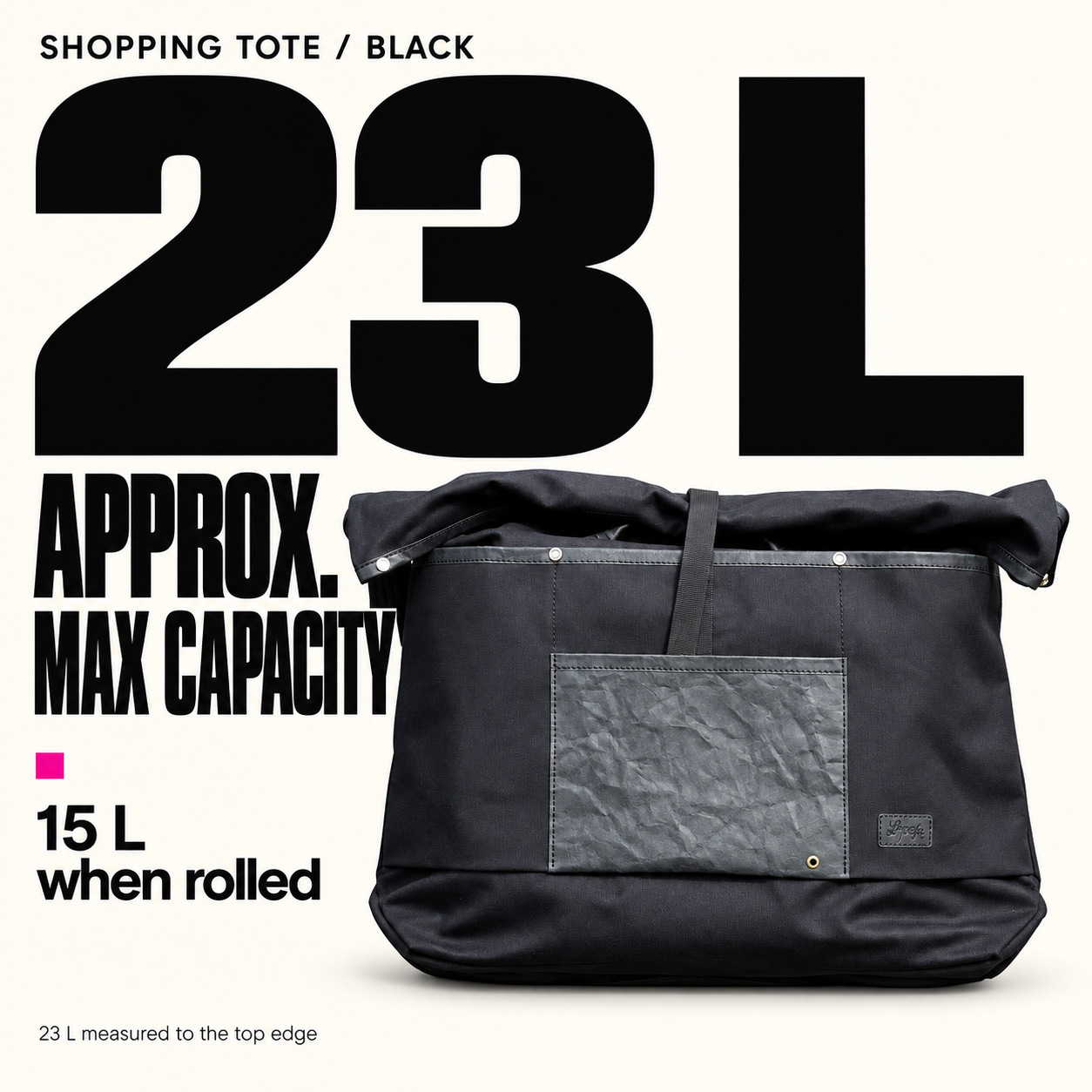 La Jefa shopping tote capacity graphic: approximately 23 litres maximum to the top edge and 15 litres when rolled