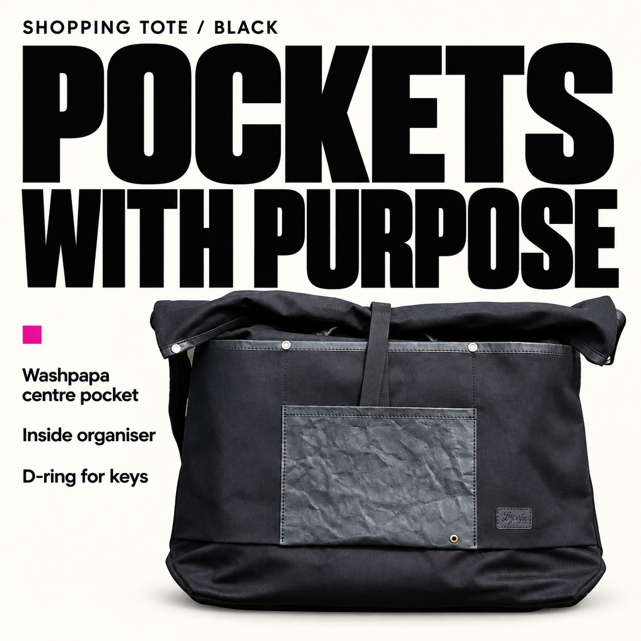 La Jefa shopping tote feature graphic highlighting the Washpapa centre pocket, inside organiser and D-ring for keys