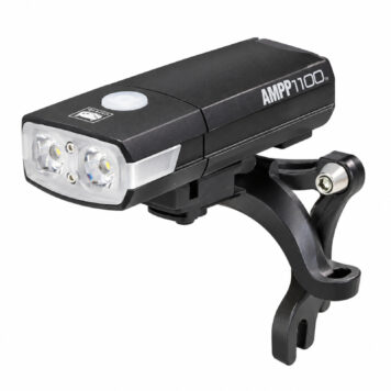 Cateye AMPP1100 front bicycle light with Brompton mounting bracket on white background