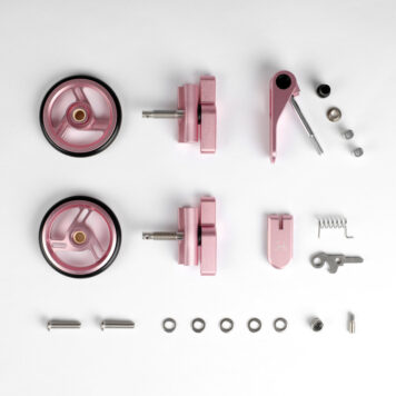 Brompton ColourLab Pink Q103761 touchpoint set with roller wheels, hinge clamps, levers and fitting hardware