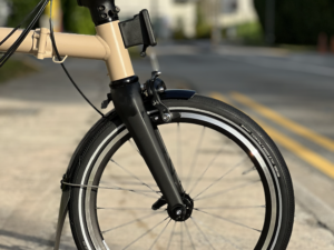 The Brompton P Line Mk2 is fitted with a carbon front fork for increased stiffness.