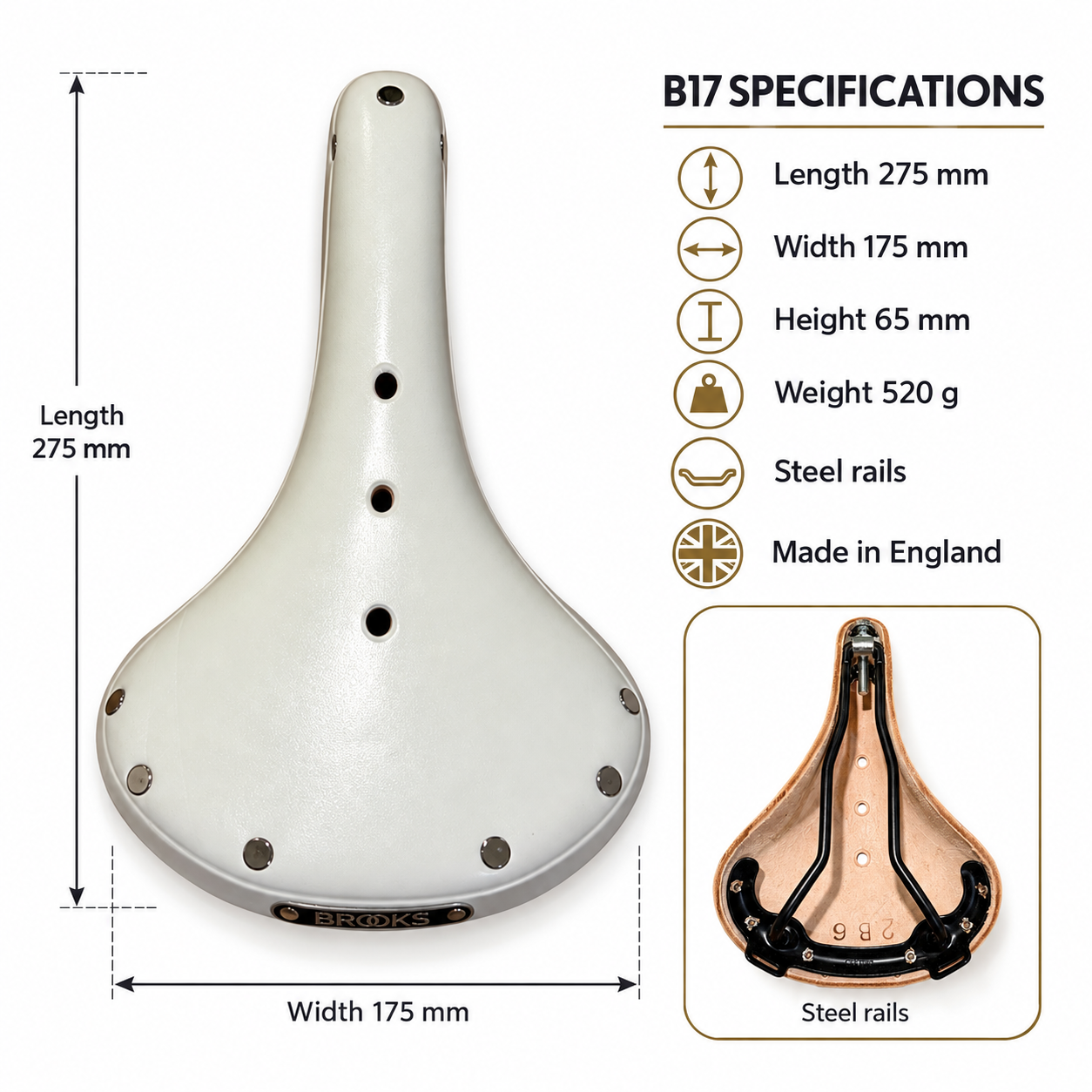 Brooks B17 White saddle specifications showing dimensions, weight and steel rails