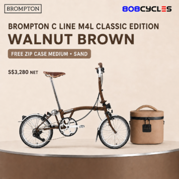 Brompton C Line M4L Classic Edition Walnut Brown bundle with free Sand Zip Case at 808 Cycles Singapore