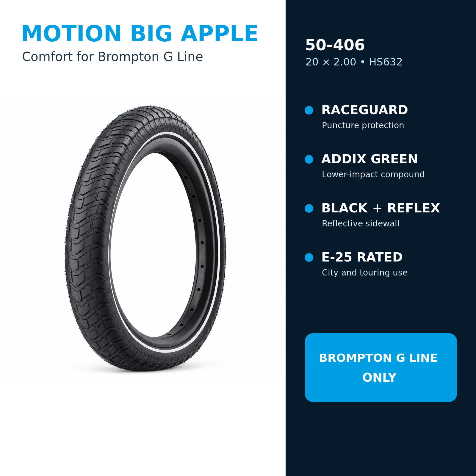 Schwalbe Motion Big Apple 50-406 tyre features including RaceGuard, ADDIX Green and reflective sidewalls