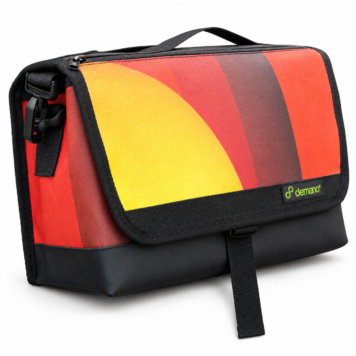 Demano Ribera 1702 mini front bag with a yellow curved panel, coral and charcoal print and black trim on white