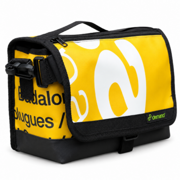 Demano Ribera 1707 Brompton mini front bag with yellow canvas, oversized white letterforms and black trim on white.