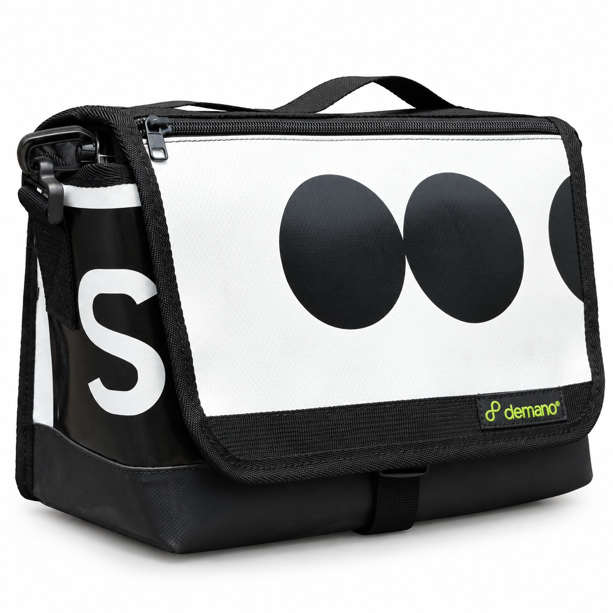 Demano Ribera 1709 Brompton mini front bag with bold charcoal circles on a white flap, cropped white lettering on black panels and black trim, isolated on white.