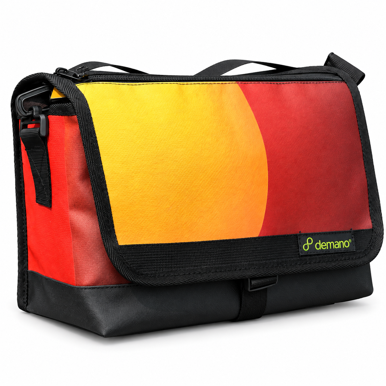 Demano Ribera 1710 Brompton mini front bag with a curved yellow-orange block on a red-burgundy flap, warm red side panels and black trim, isolated on white.