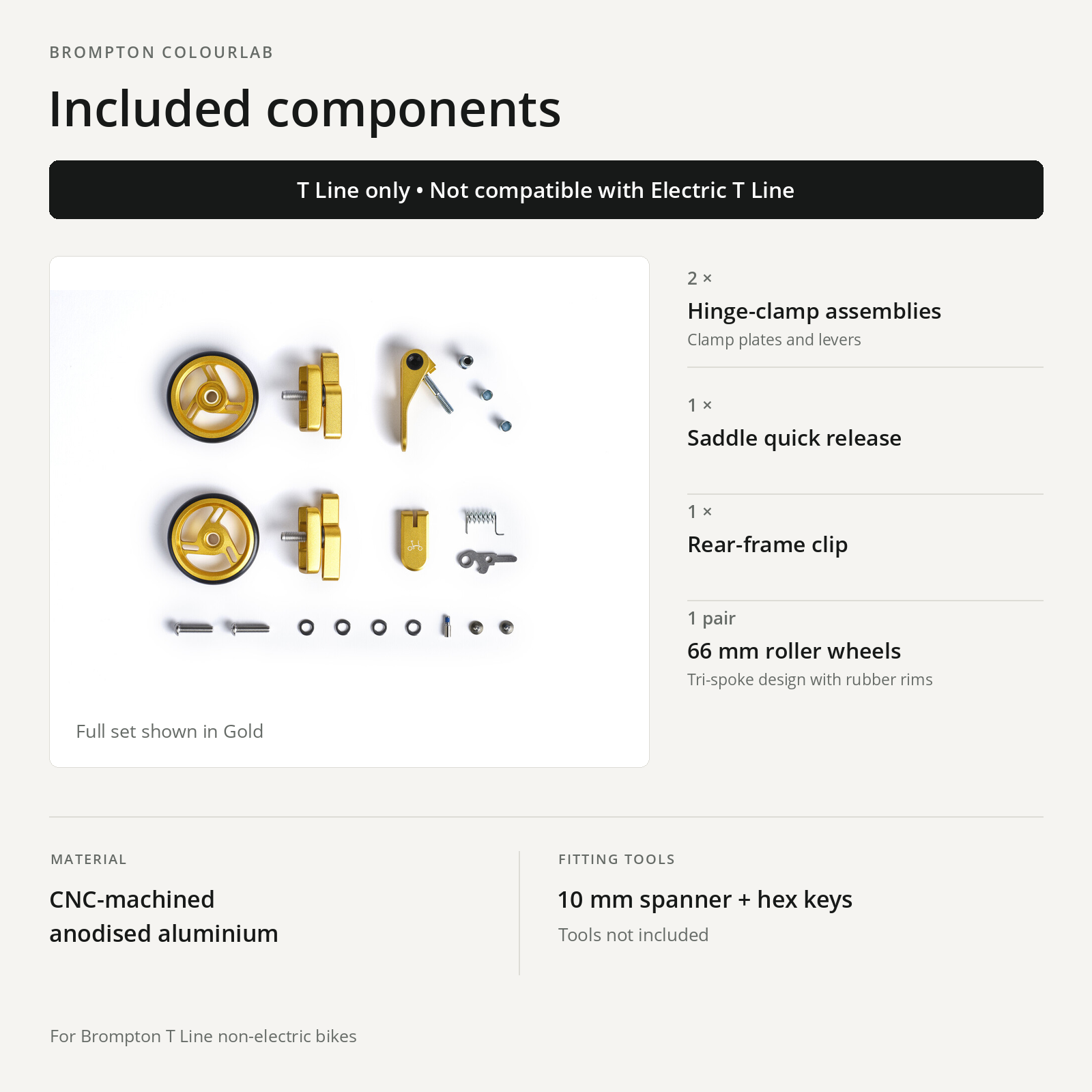 Brompton ColourLab T Line touchpoint set included components; not compatible with Electric T Line