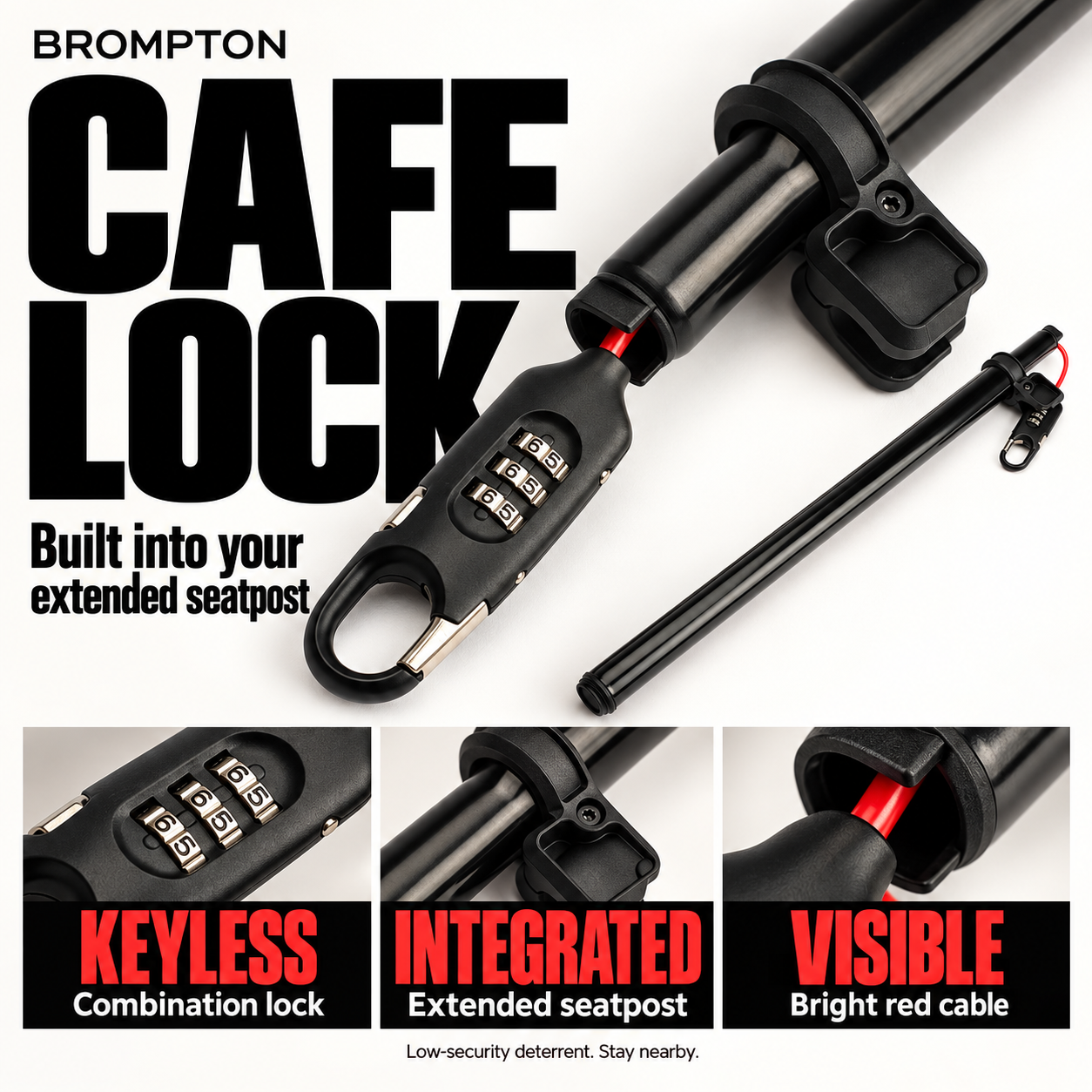 Brompton Cafe Lock feature graphic showing keyless combination locking, integrated extended seatpost and visible red cable.