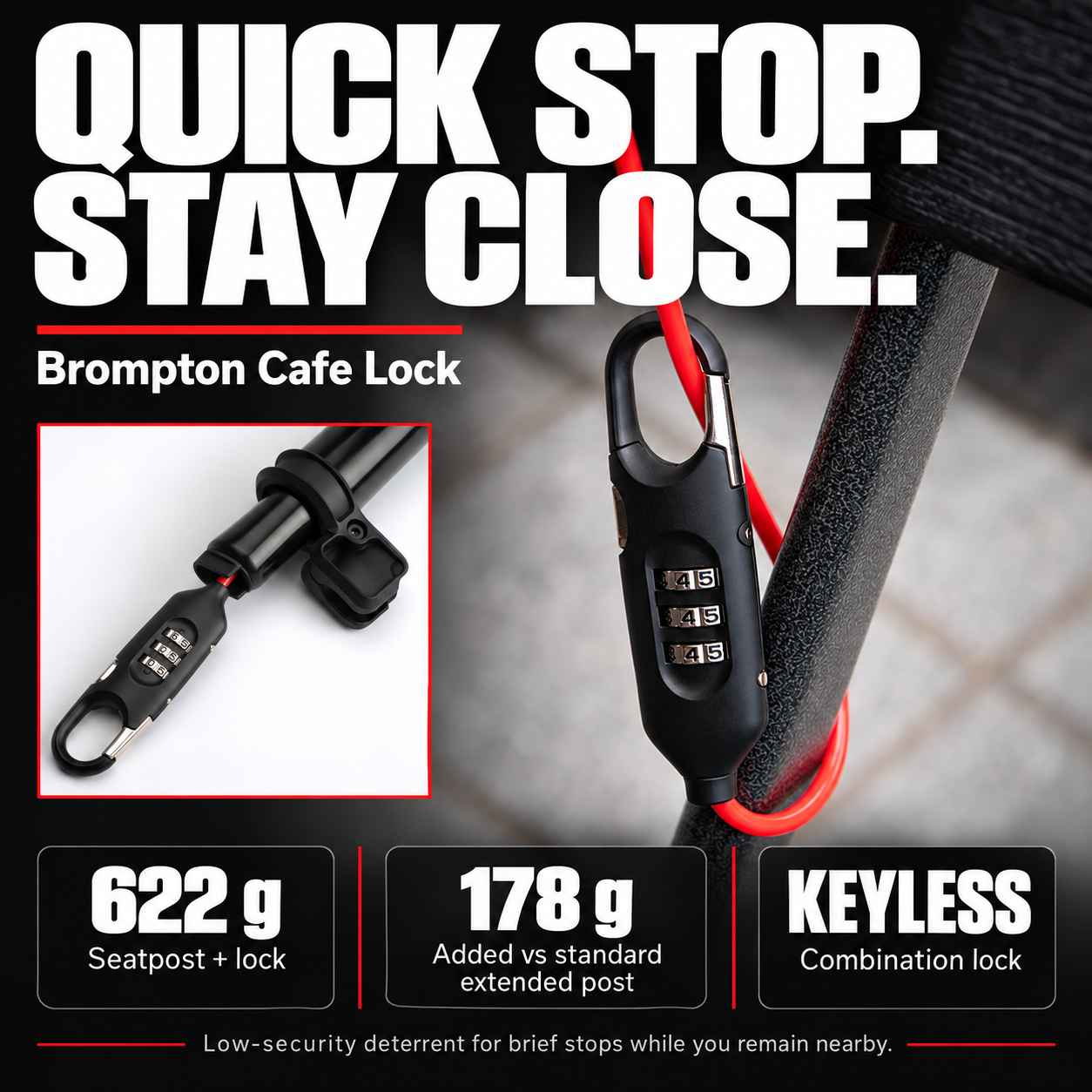 Brompton Cafe Lock nearby-stop graphic explaining 622 g total weight, 178 g added weight and keyless combination locking.