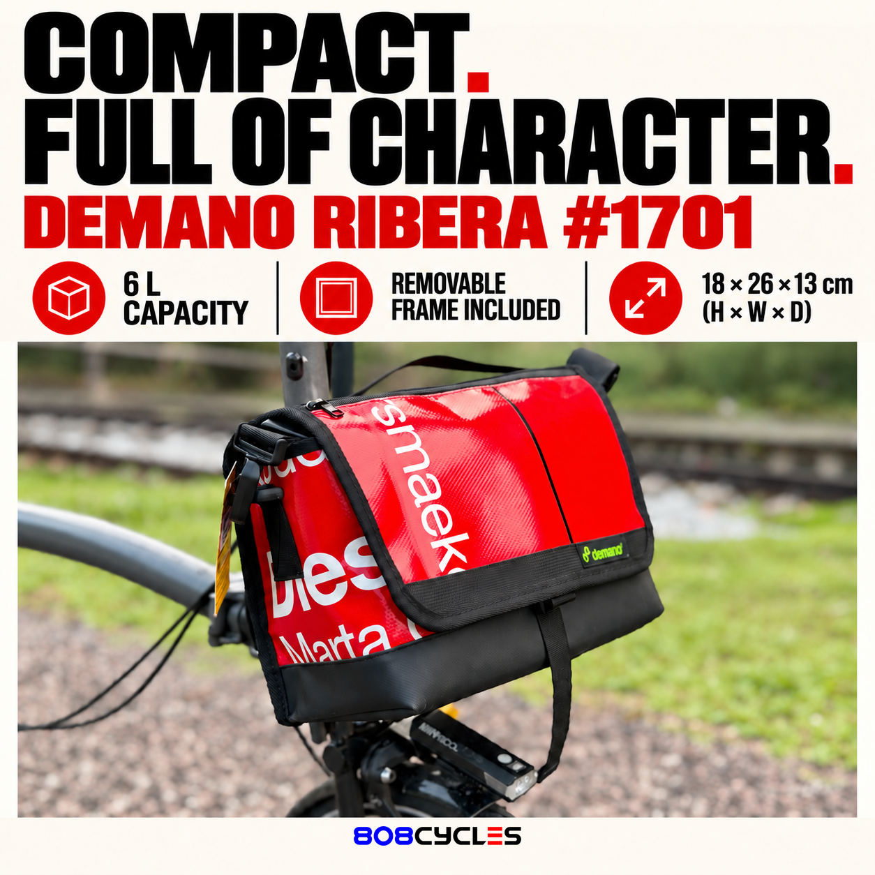 Demano Ribera 1701 specifications graphic showing 6L capacity, included removable frame and 18 by 26 by 13 cm dimensions