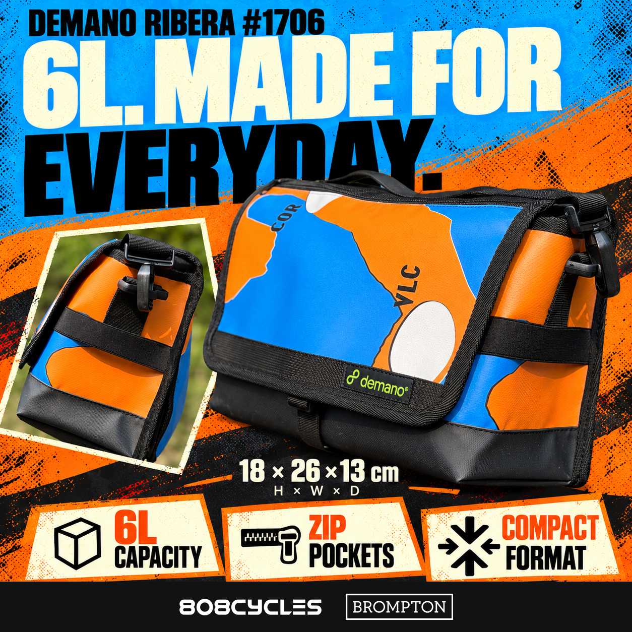 Demano Ribera 1706 feature graphic showing 6L capacity, zip pockets, side hardware and 18 by 26 by 13 cm dimensions.