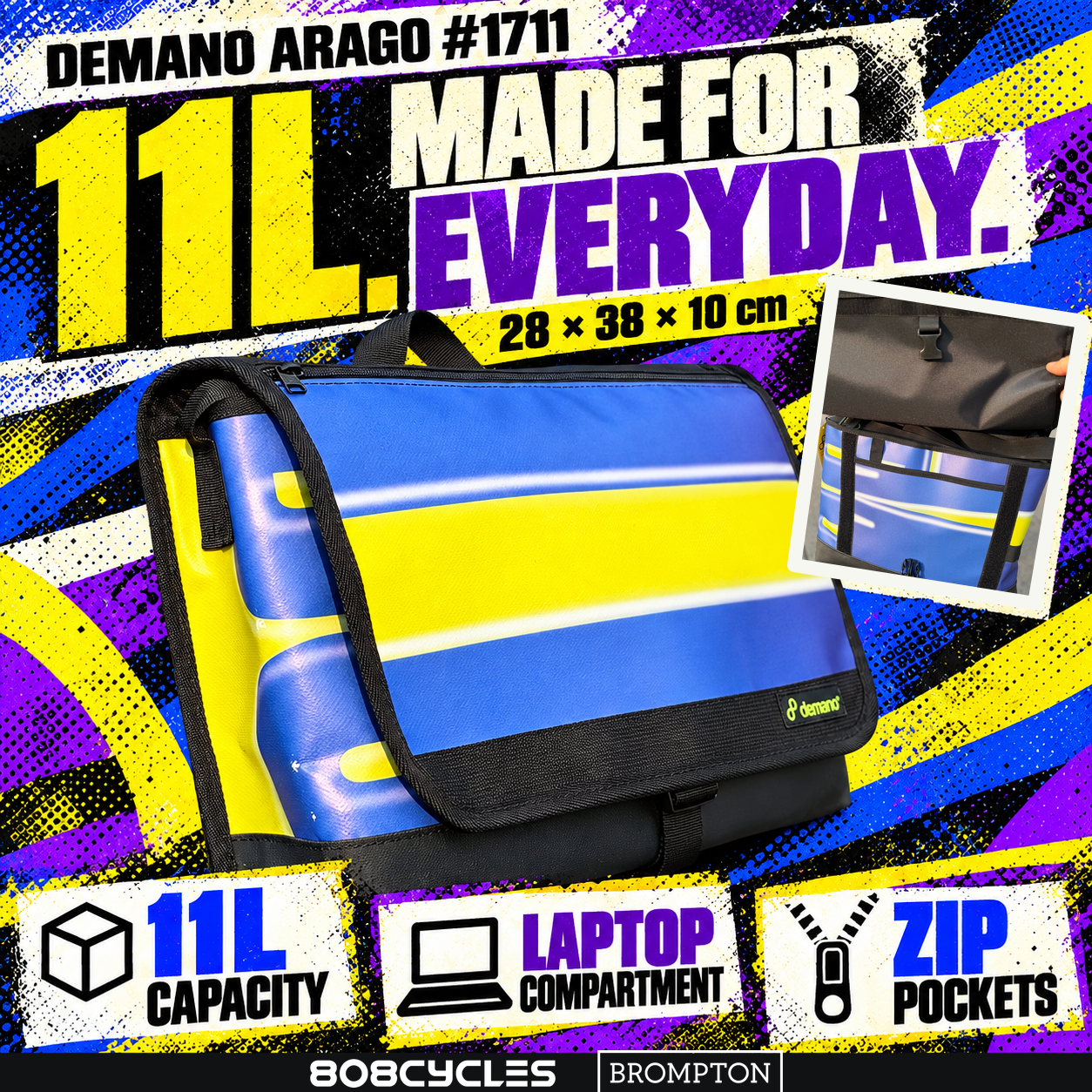Demano Arago 1711 feature graphic showing 11L capacity, laptop compartment, zip pockets and manufacturer-listed 28 by 38 by 10 cm dimensions.