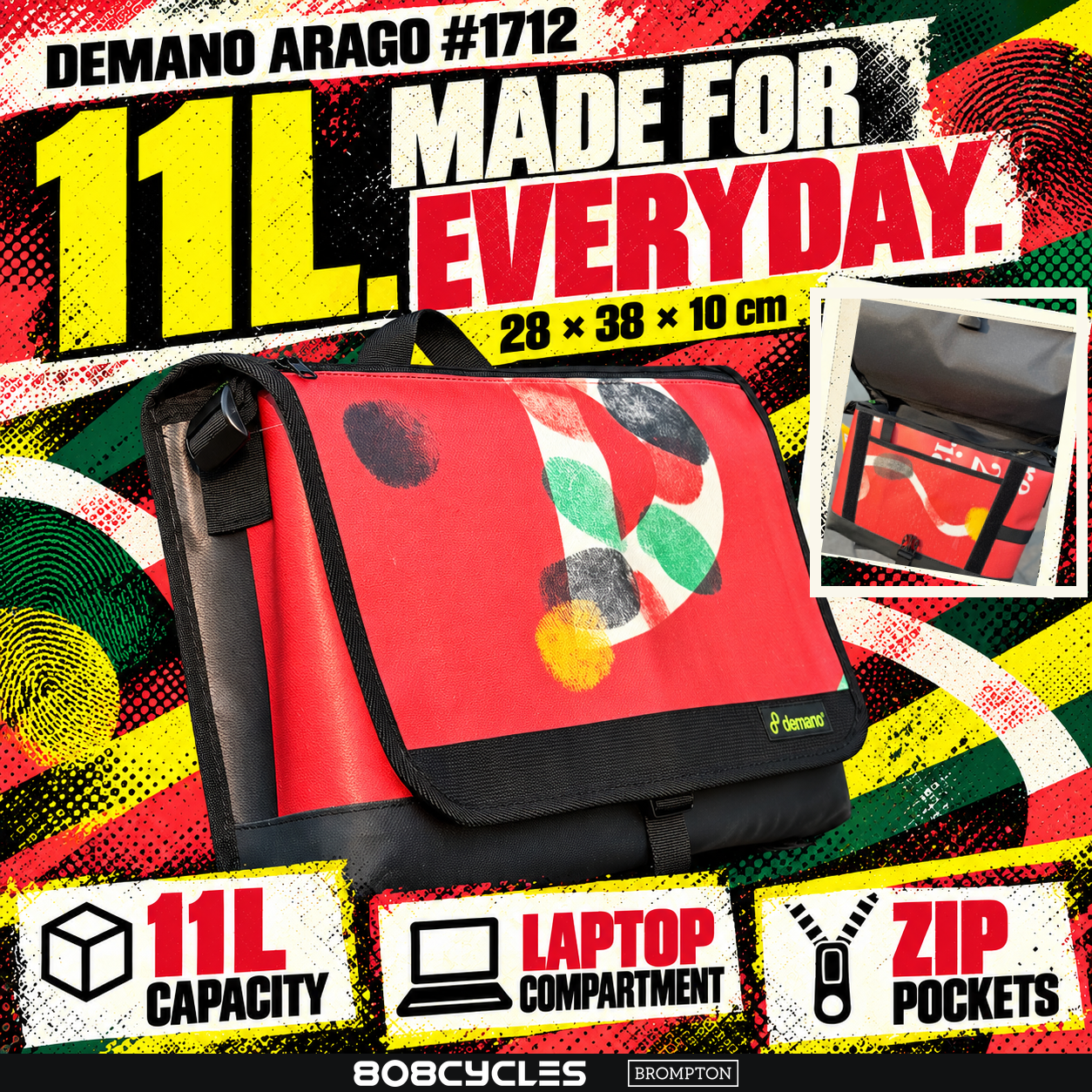 Demano Arago 1712 feature graphic: 11L capacity, 28 by 38 by 10 cm, laptop compartment and zip pockets, with an original open-flap photo inset.