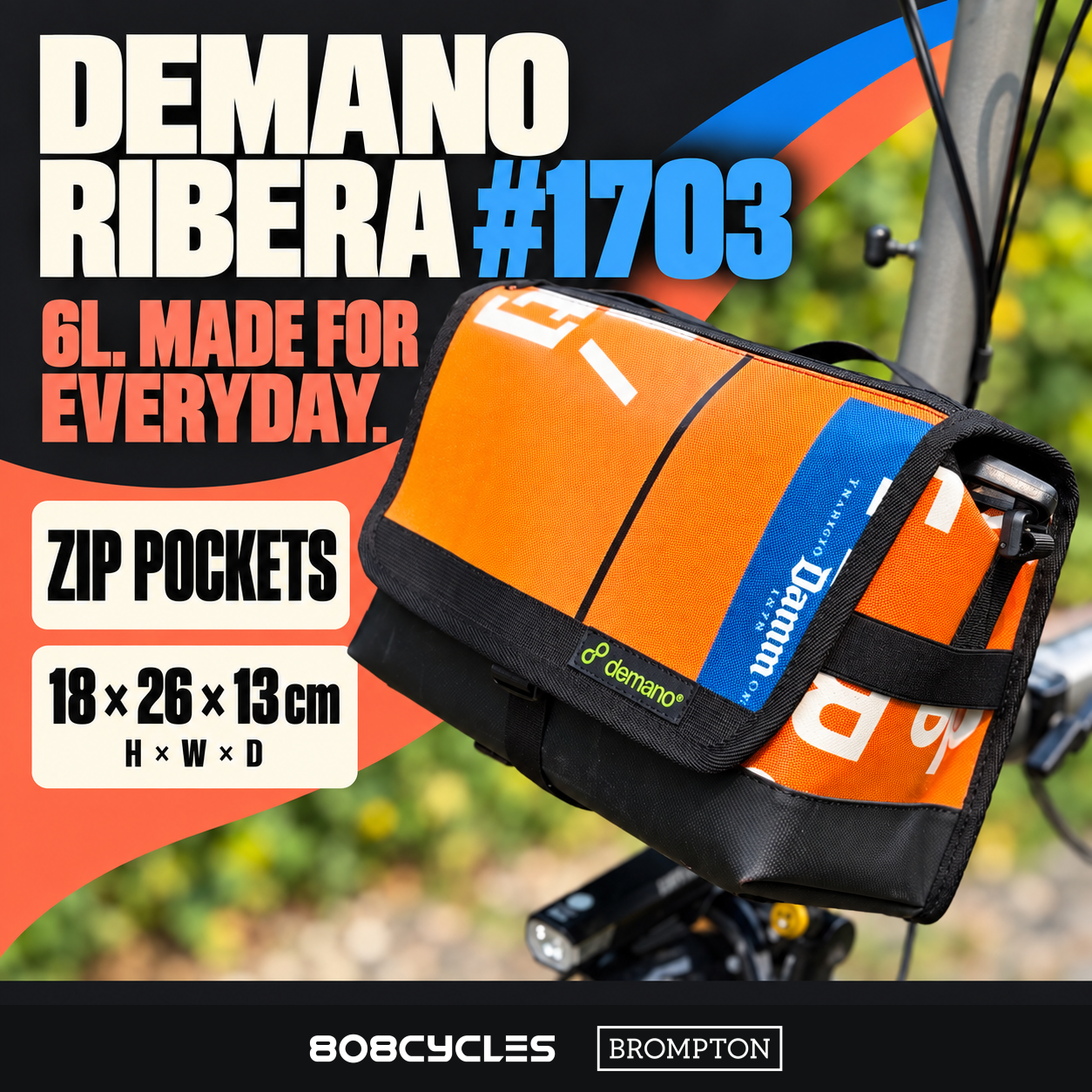 Demano Ribera 1703 feature graphic showing 6L capacity, zip pockets and 18 by 26 by 13 cm dimensions.