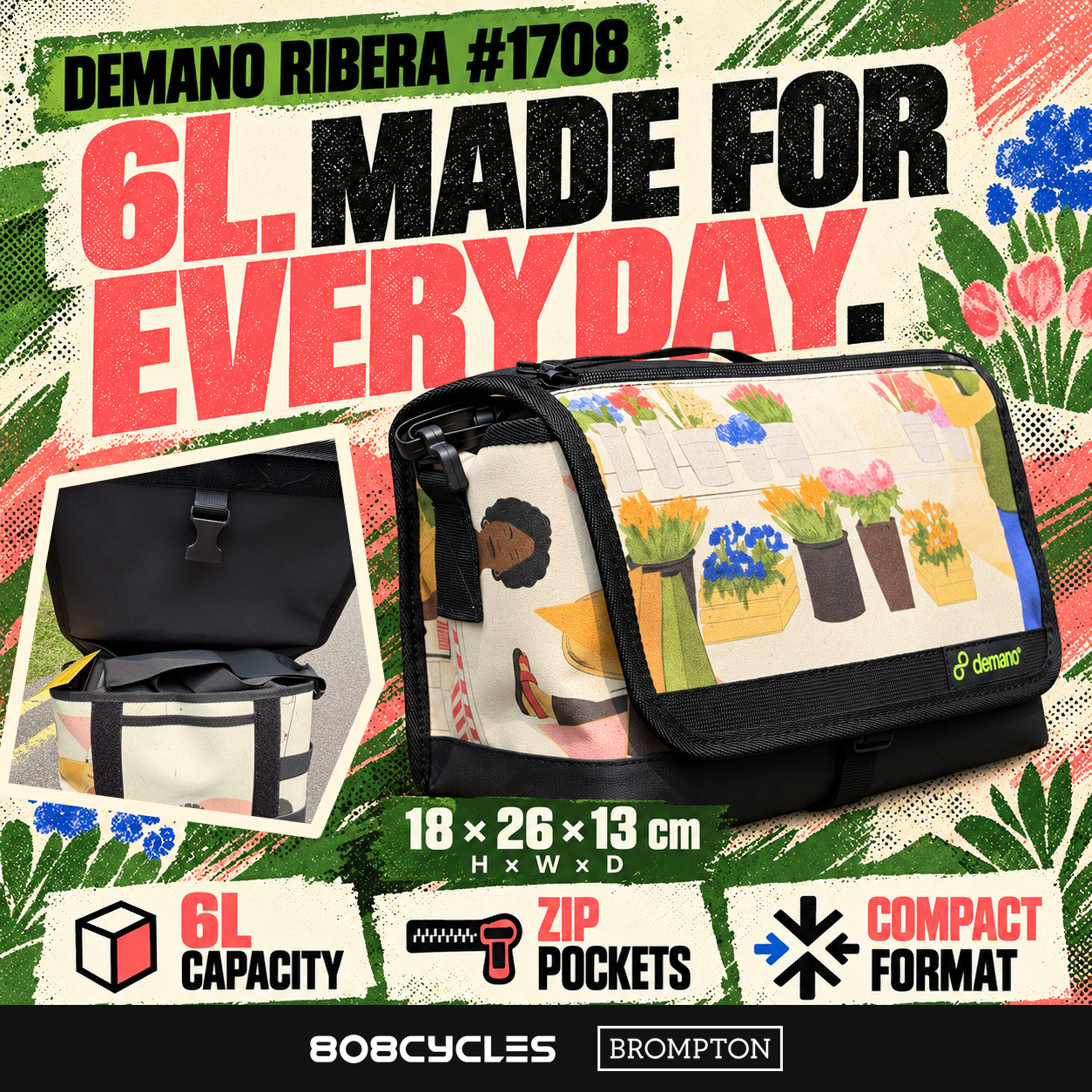 Demano Ribera 1708 feature graphic showing 6L capacity, zip pockets, actual open-flap details and 18 by 26 by 13 cm dimensions.