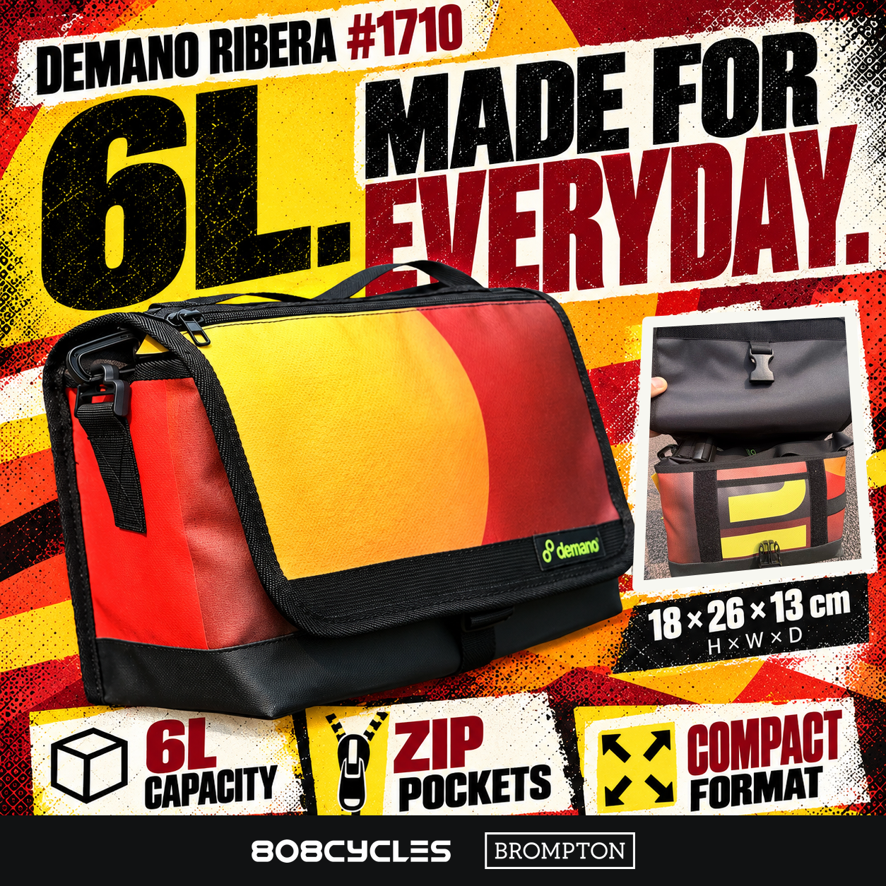 Demano Ribera 1710 feature graphic showing 6L capacity, zip pockets, actual open-flap details and 18 by 26 by 13 cm dimensions.