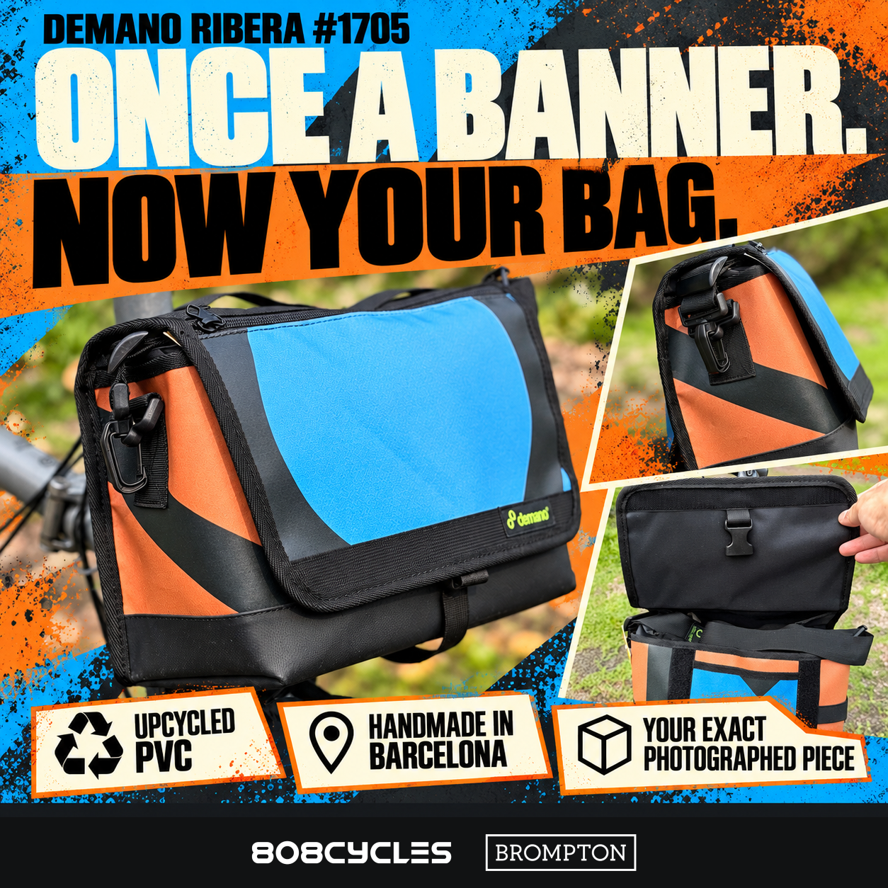 Blue-and-orange Demano Ribera 1705 banner graphic with front, side and open-flap views, upcycled PVC and handmade-in-Barcelona text.