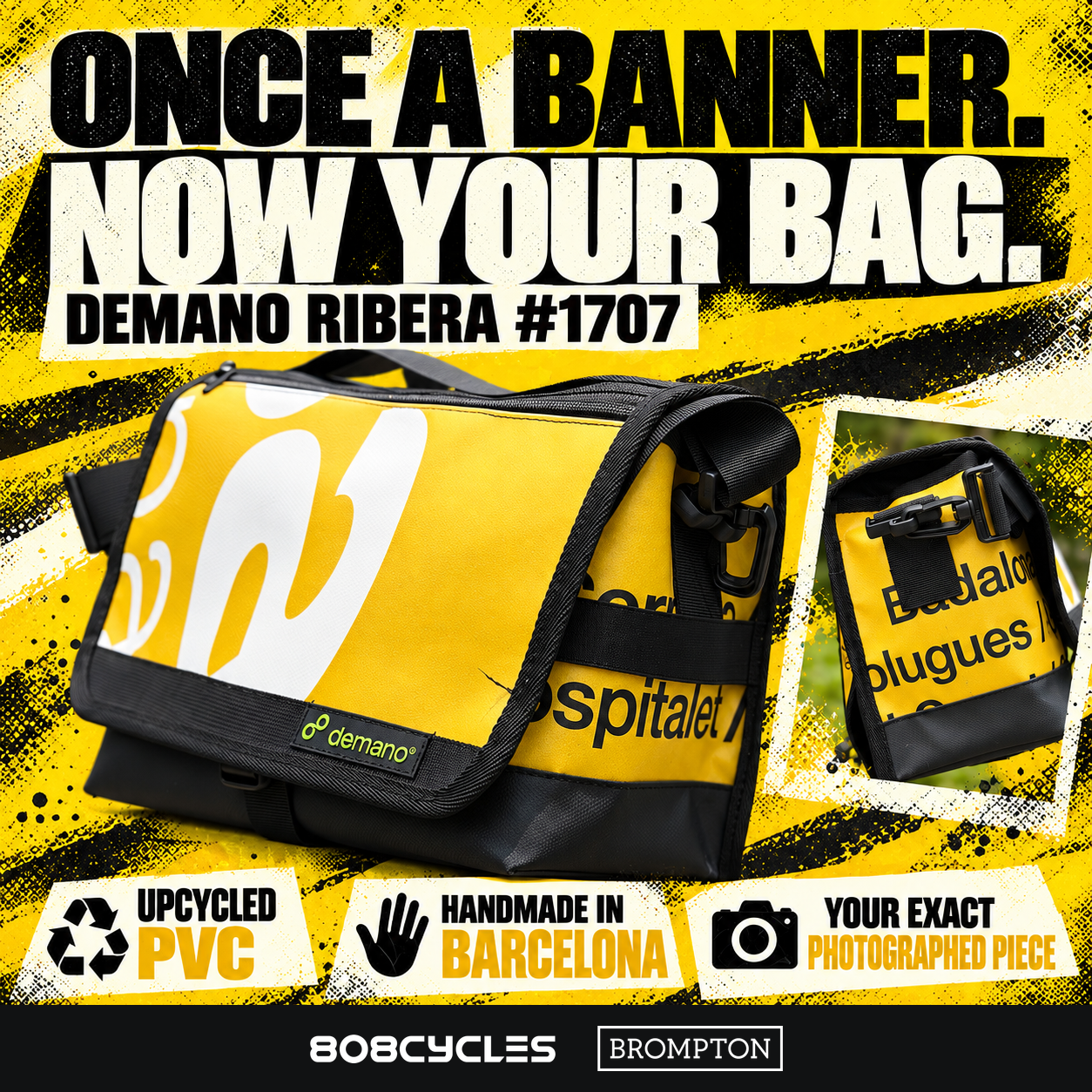 Demano Ribera 1707 banner-story graphic with yellow-and-white front and black-lettered side views, upcycled PVC and handmade-in-Barcelona text.