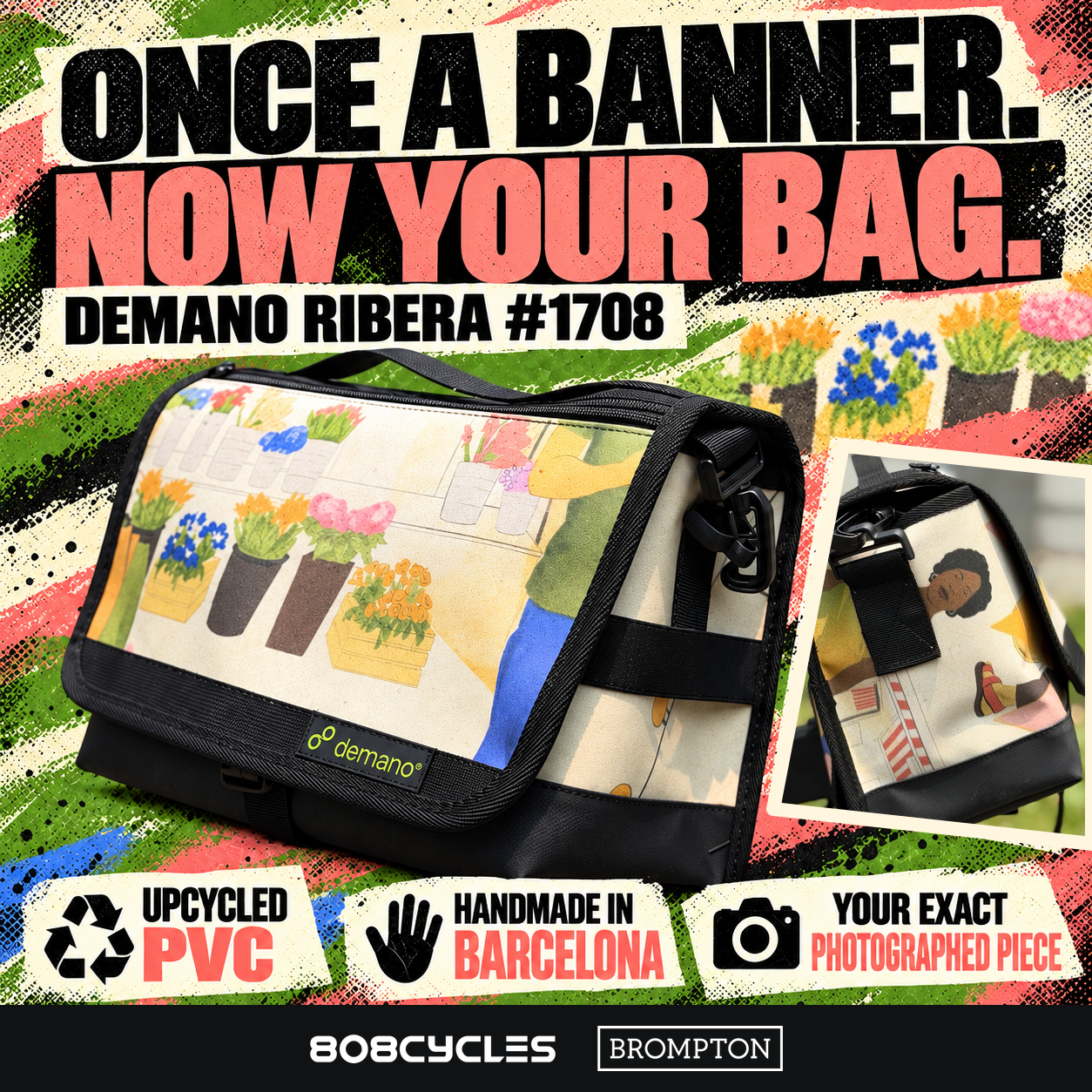 Demano Ribera 1708 banner-story graphic with flower-market front and illustrated side views, upcycled PVC and handmade-in-Barcelona text.