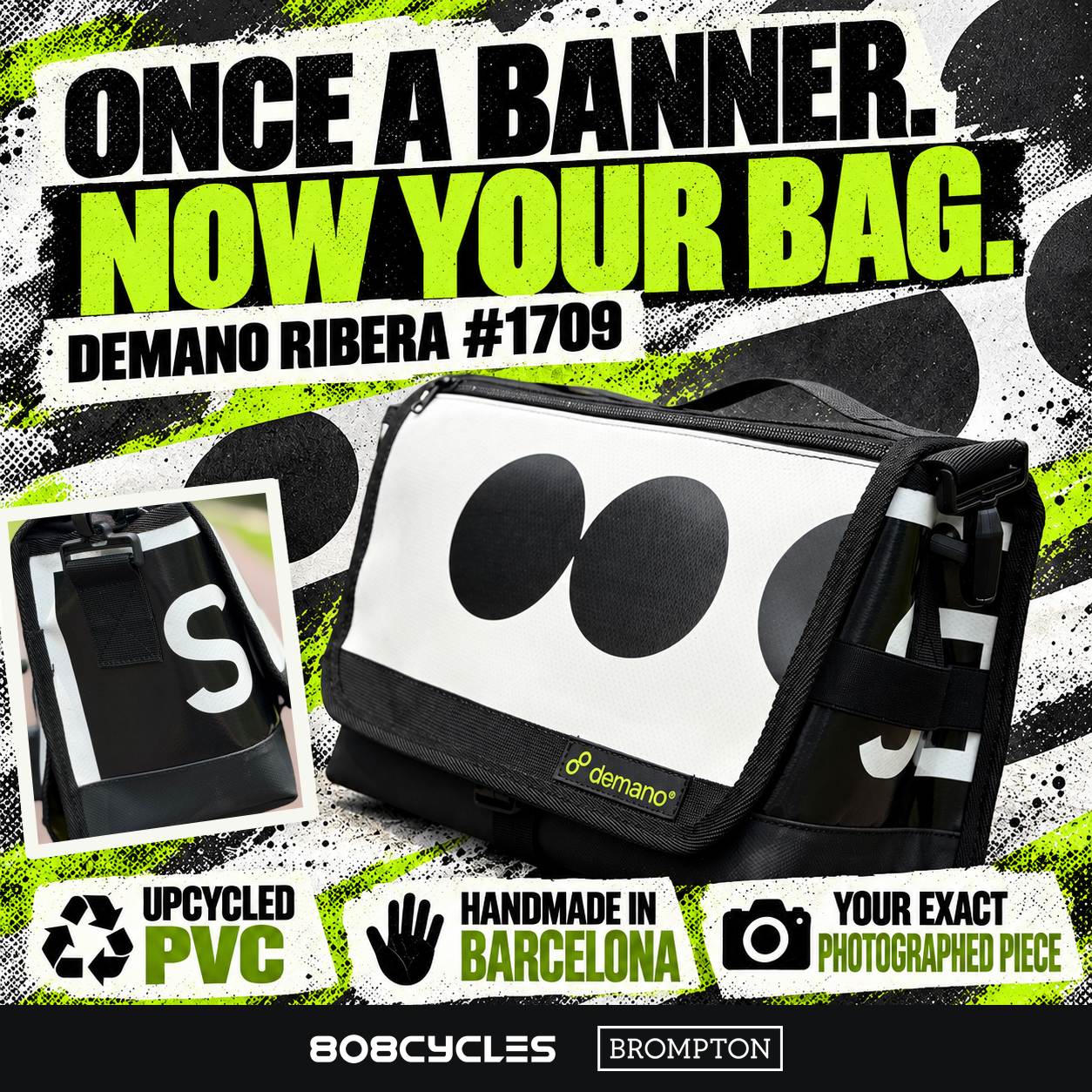 Demano Ribera 1709 reclaimed-banner graphic with black-and-white circles on the front and cropped side lettering, upcycled PVC and handmade-in-Barcelona text.
