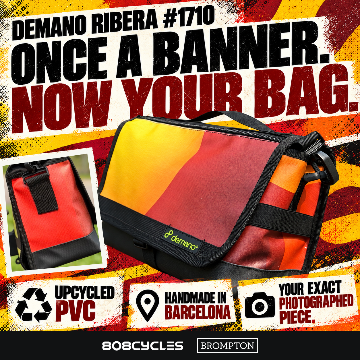 Demano Ribera 1710 reclaimed-banner graphic with warm curved colour blocks and cropped banner lettering, upcycled PVC and handmade-in-Barcelona text.