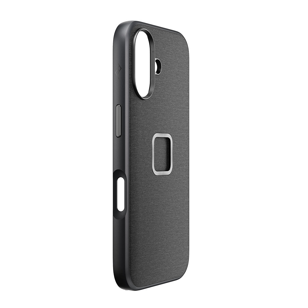 Peak Design iPhone 16 fabric case in Charcoal, angled view showing Camera Control cutout