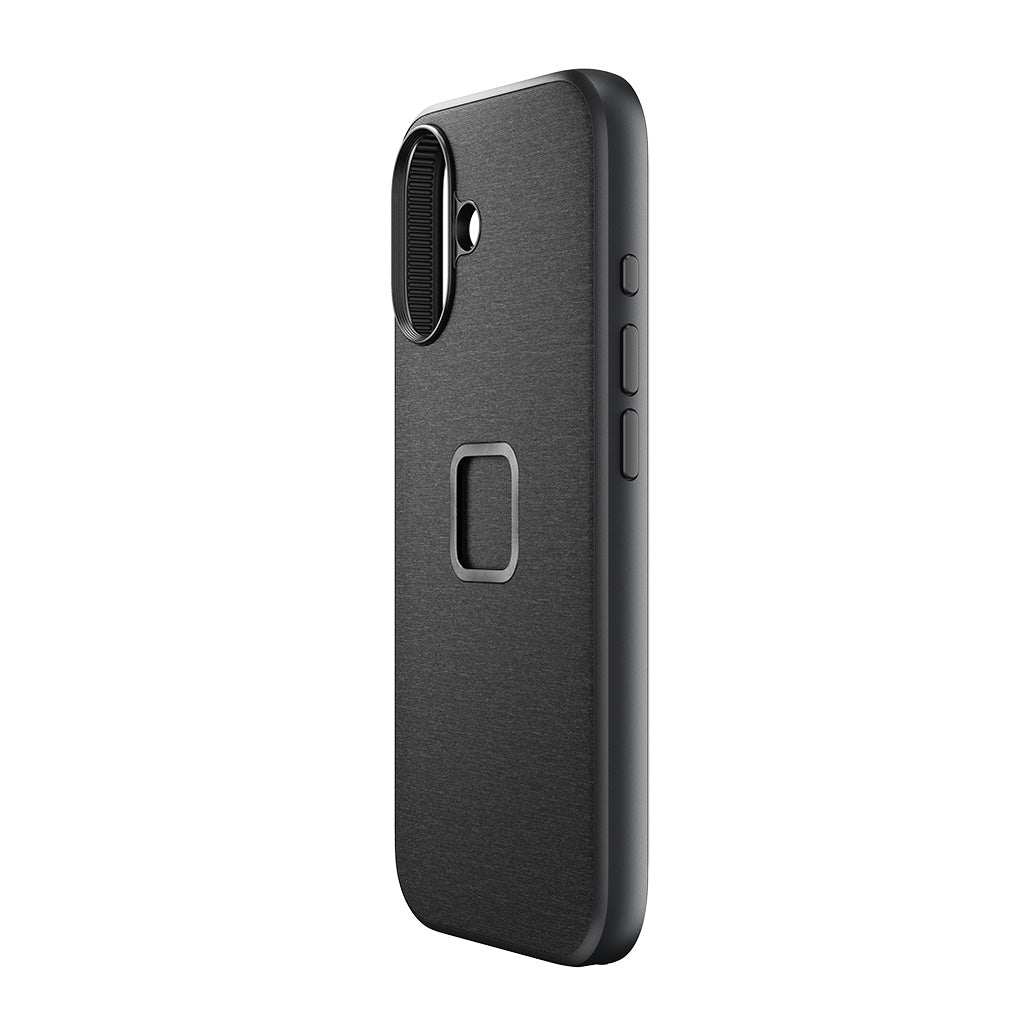 Peak Design iPhone 16 fabric case in Charcoal, opposite angled view showing Action and volume buttons