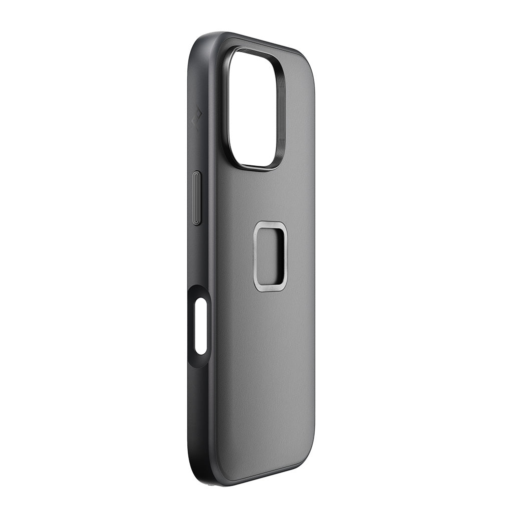 Peak Design iPhone 16 Pro case in Clarino Black, angled view showing Camera Control cutout