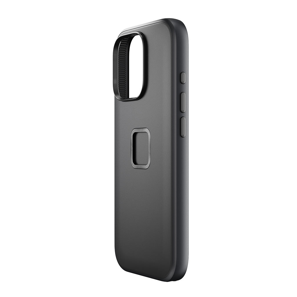 Peak Design iPhone 16 Pro case in Clarino Black, opposite angled view showing Action and volume buttons