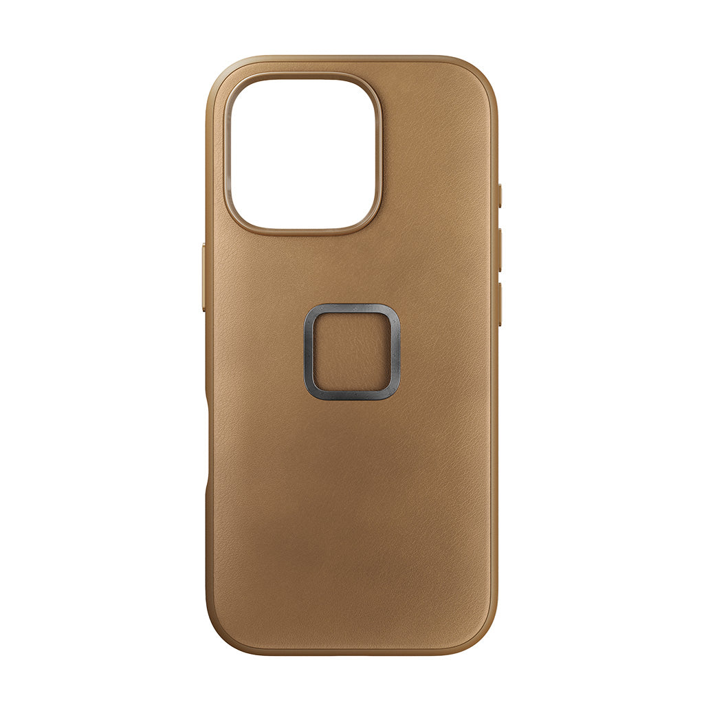 Peak Design iPhone 16 Pro case in Clarino Tan, rear view on white background