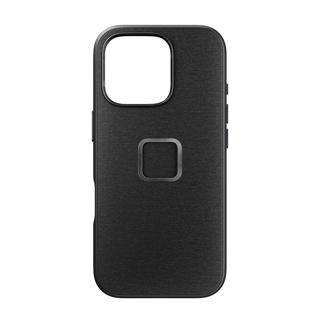 Peak Design iPhone 16 Pro case in Fabric Charcoal, rear view on white background