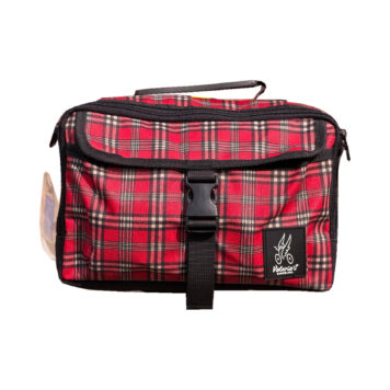 Valeria’s Barcelona Cris Mini 5L Brompton bag, Red Tartan #04, with black trim and buckle on a white background