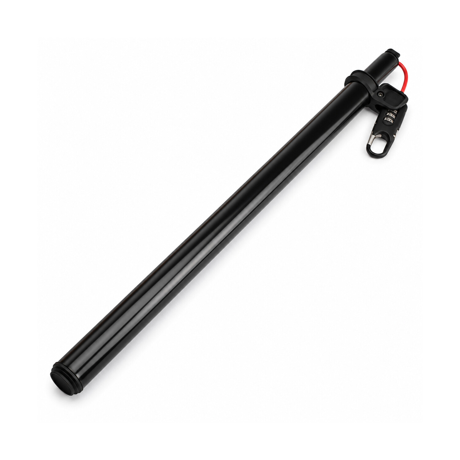Black Brompton Cafe Lock Q103889 extended seatpost with integrated combination lock and red cable on a white background.