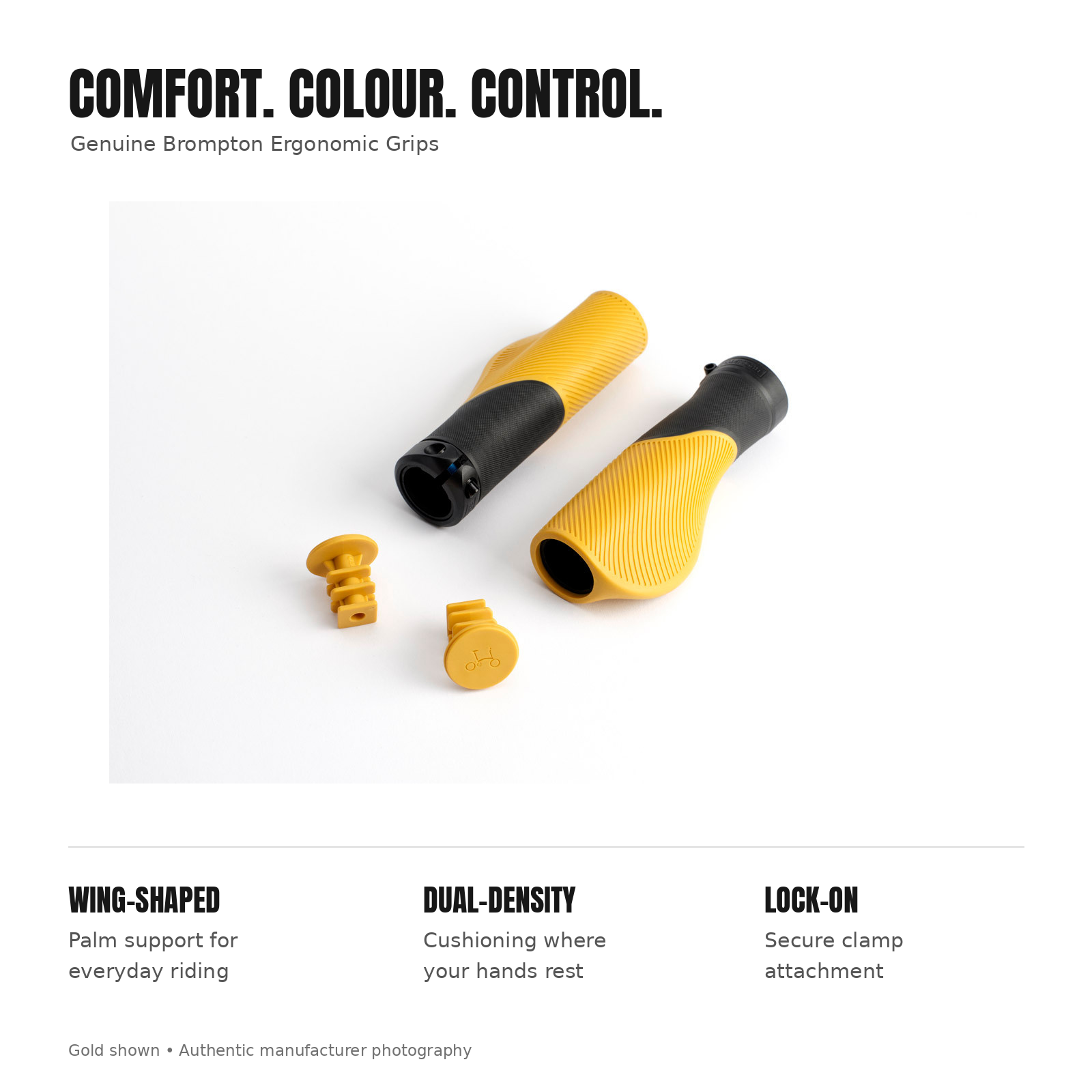 Brompton Ergonomic Grips in Gold: wing-shaped support, dual-density cushioning and lock-on clamps