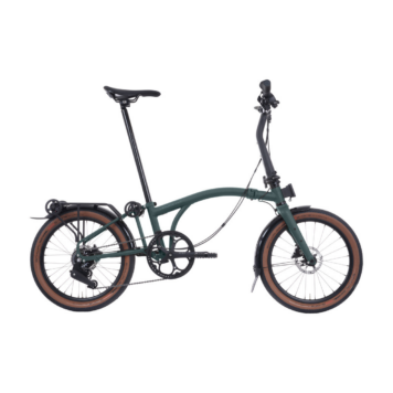 Brompton G Line M8R Forest Green Medium, full bicycle side view with rack on a white square background