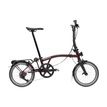 Brompton P Line Mk2 M4R Red Plum, full bicycle side view with rear roller rack on a white square background