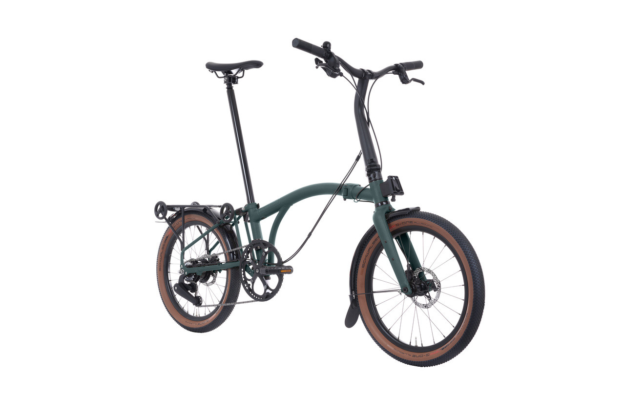Brompton G Line Forest Green with rack, front three-quarter view